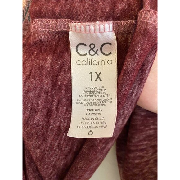 C&C California Women’s Burgundy Desert Long Sleeve Relaxed Fit Top Size 1X - Picture 5 of 6